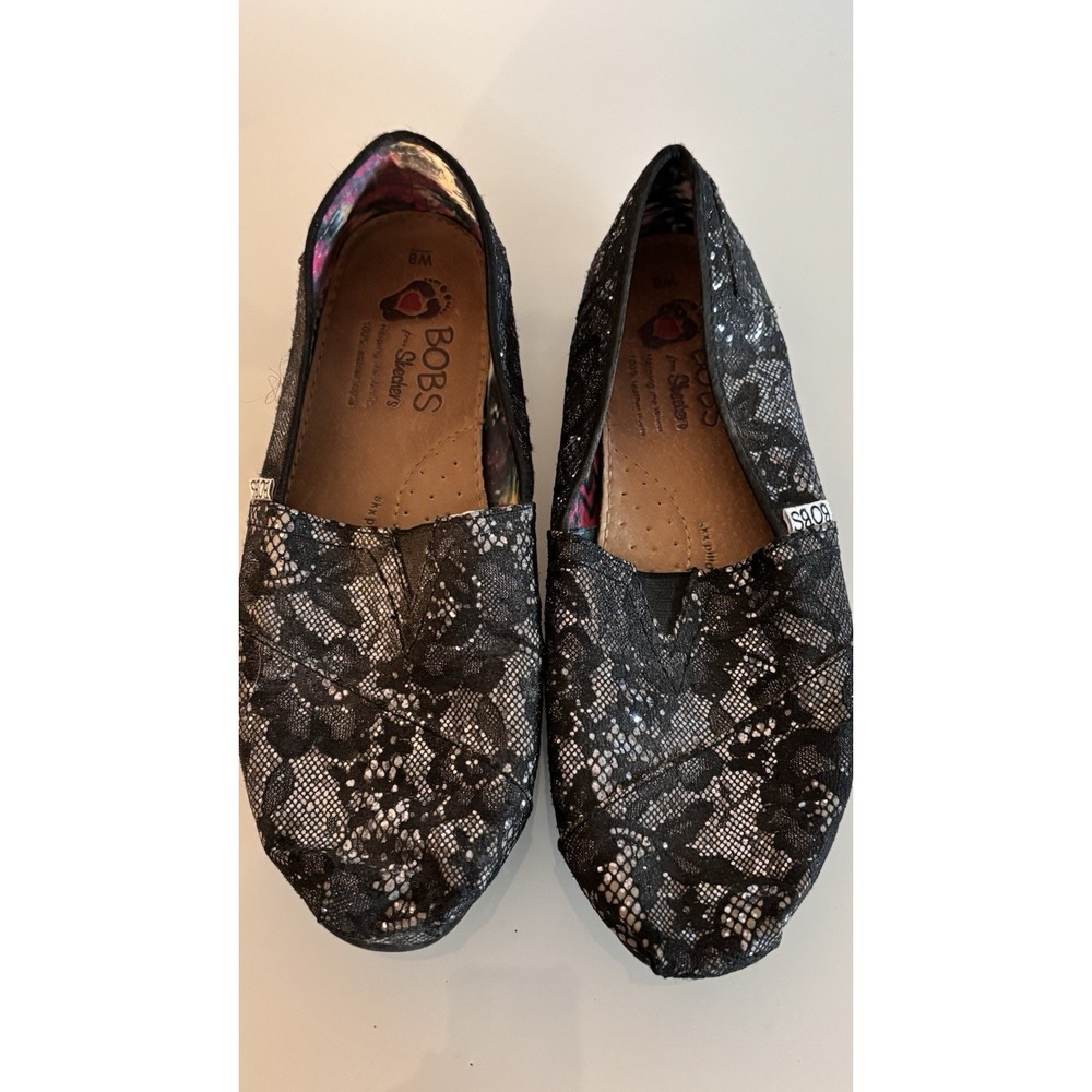 Skechers BOBS Womens Black Silver Lace Sparkle Slip On Flats Shoes 33587 Size 8‎